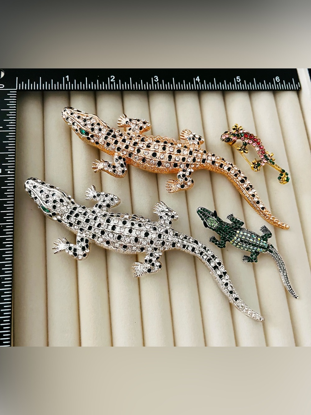 4pc Alligator Lizard Brooch Lot Gold Silver Rhinestone Animal Crystal Pins Set
